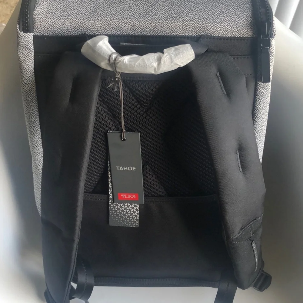Tumi Gray & Black Textured Backpack with Blue Accent Strap